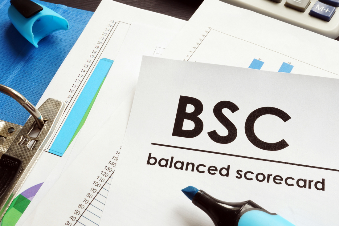 Documents about balanced scorecard BSC on a table.